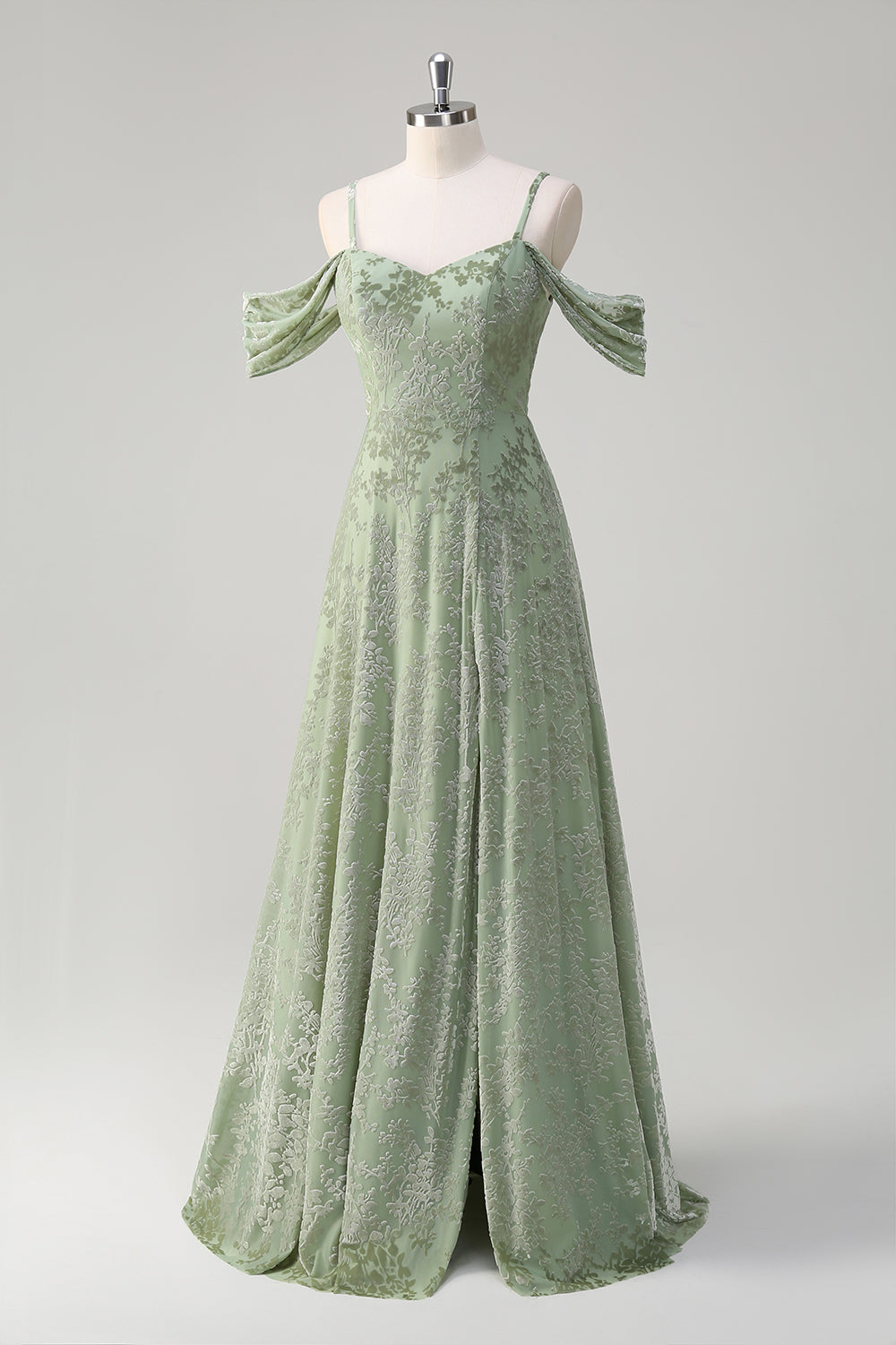 Dusty Sage A-linje kold skulder Jacquard lang brudepigekjole med slids