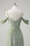 Dusty Sage A-linje kold skulder Jacquard lang brudepigekjole med slids