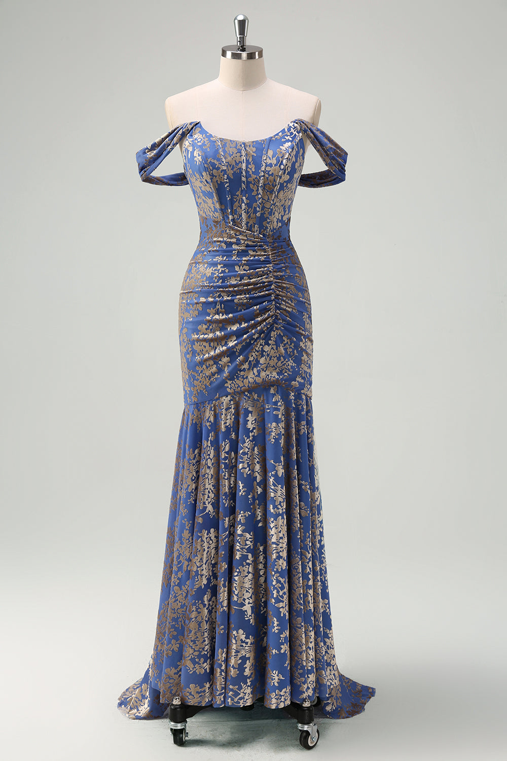 Korset Grå Blå Havfrue Off the Shoulder Ruched Lang Brudepigekjole