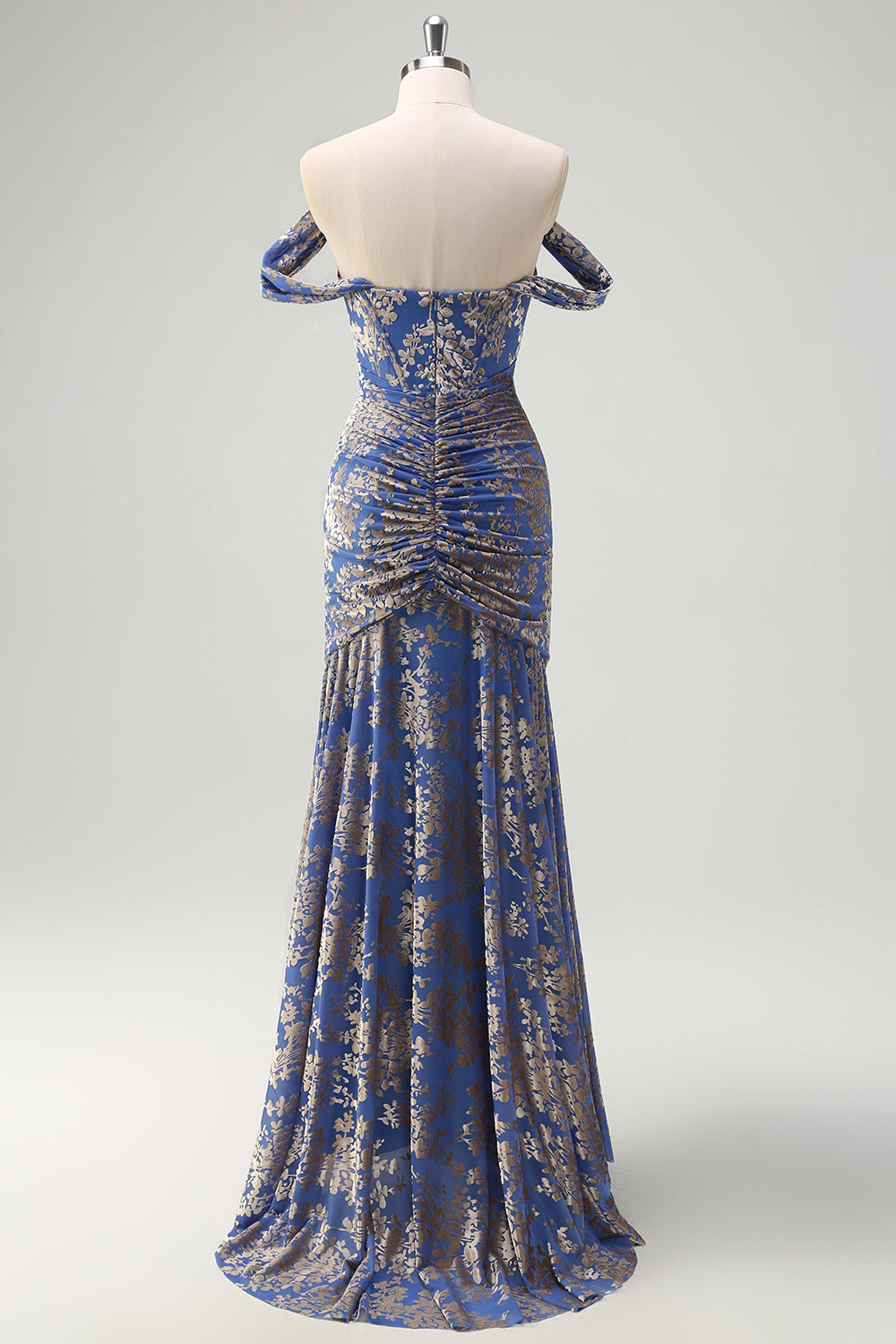 Korset Grå Blå Havfrue Off the Shoulder Ruched Lang Brudepigekjole