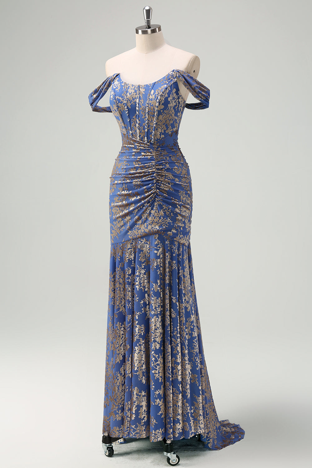 Korset Grå Blå Havfrue Off the Shoulder Ruched Lang Brudepigekjole