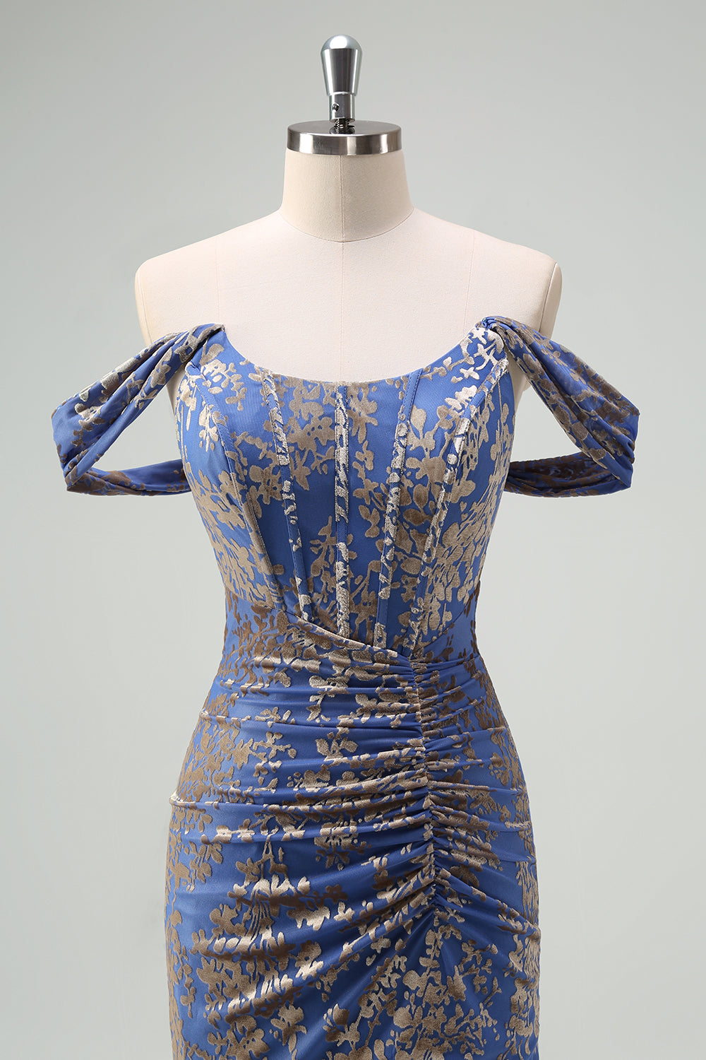 Korset Grå Blå Havfrue Off the Shoulder Ruched Lang Brudepigekjole