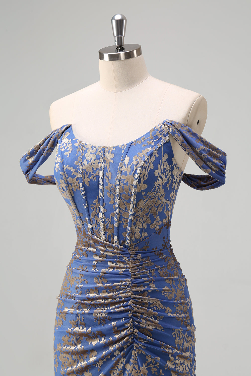 Korset Grå Blå Havfrue Off the Shoulder Ruched Lang Brudepigekjole