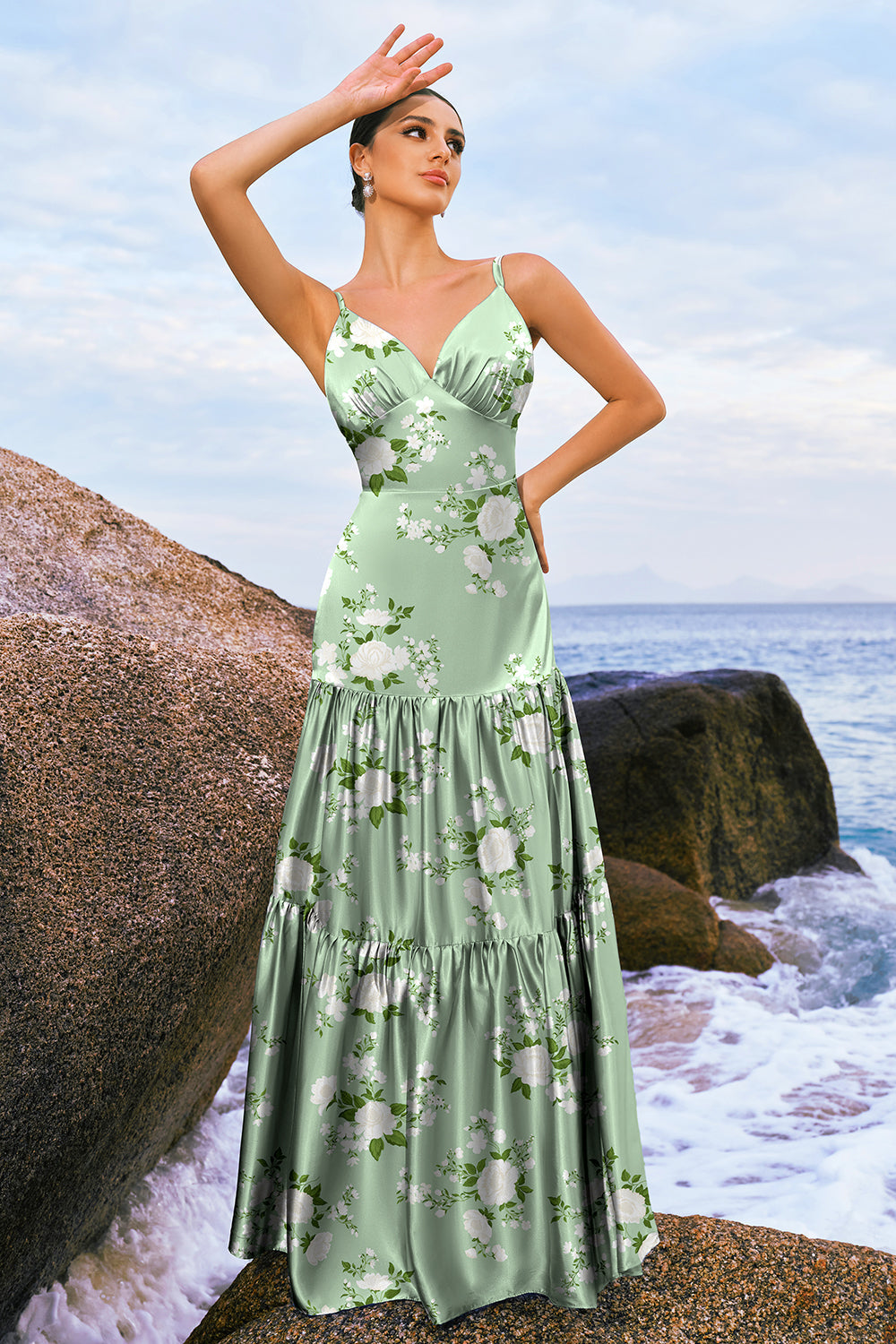 Navy Bloom A-linje Spaghetti stropper Rygløs Print Satin Lang brudepigekjole