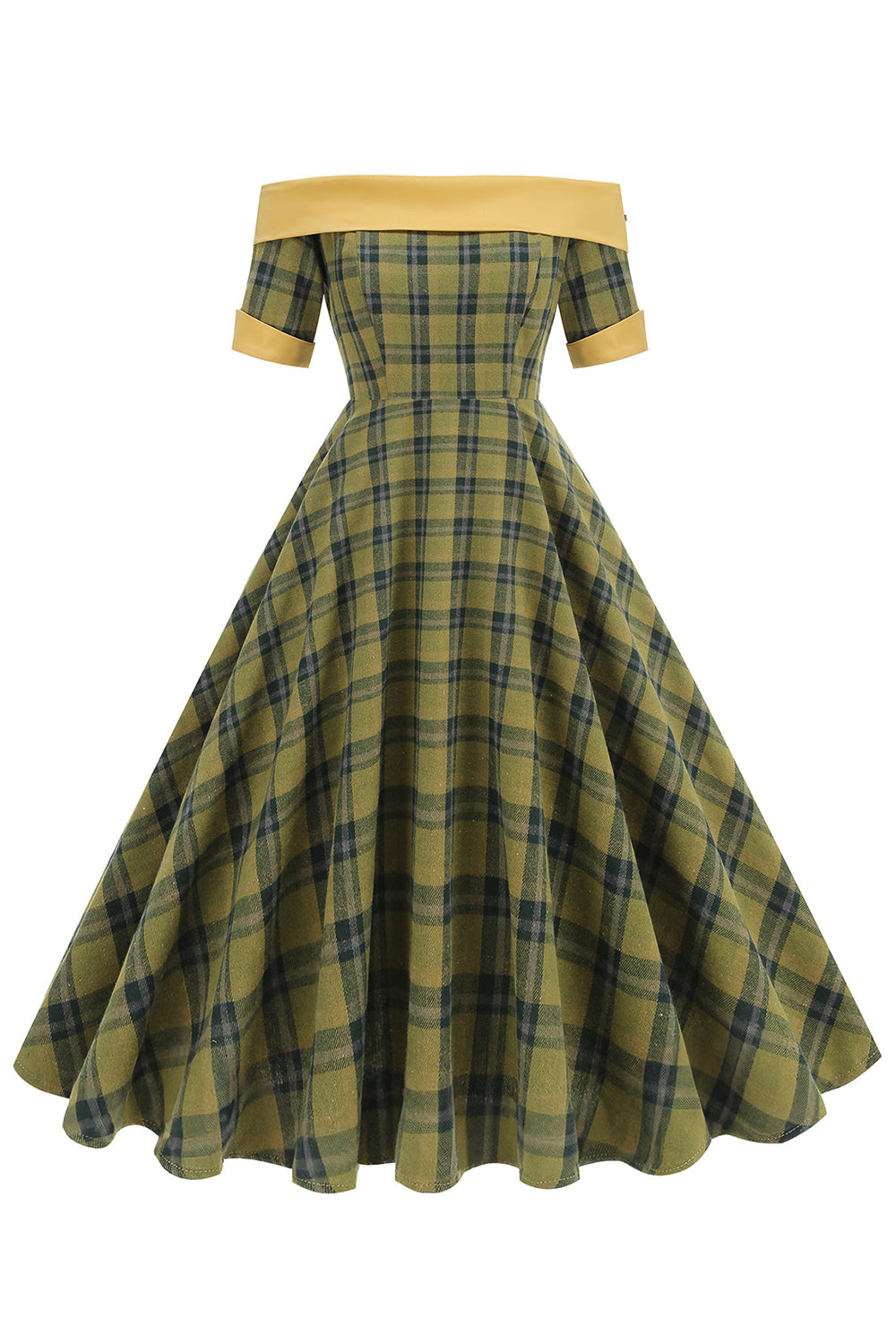 Off The Shoulder Green Grid Vintage 1950'er Kjole