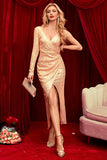 Glitrende Champagne Wrap Pailletter Lang Gallakjole