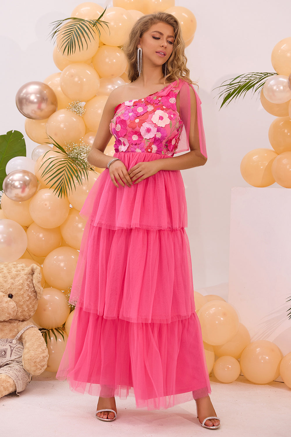Fuchsia One Shoulder A Line Tiered Tyl Lang Gallakjole