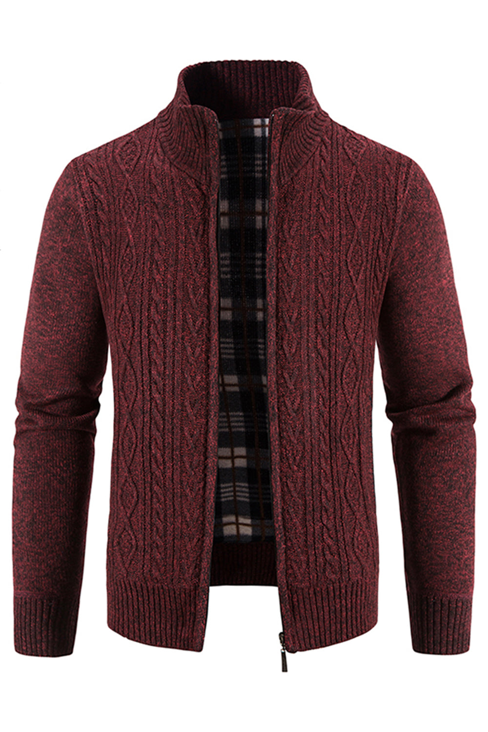 Mænds Burgundy Stand Collar fortykket cardigan sweater