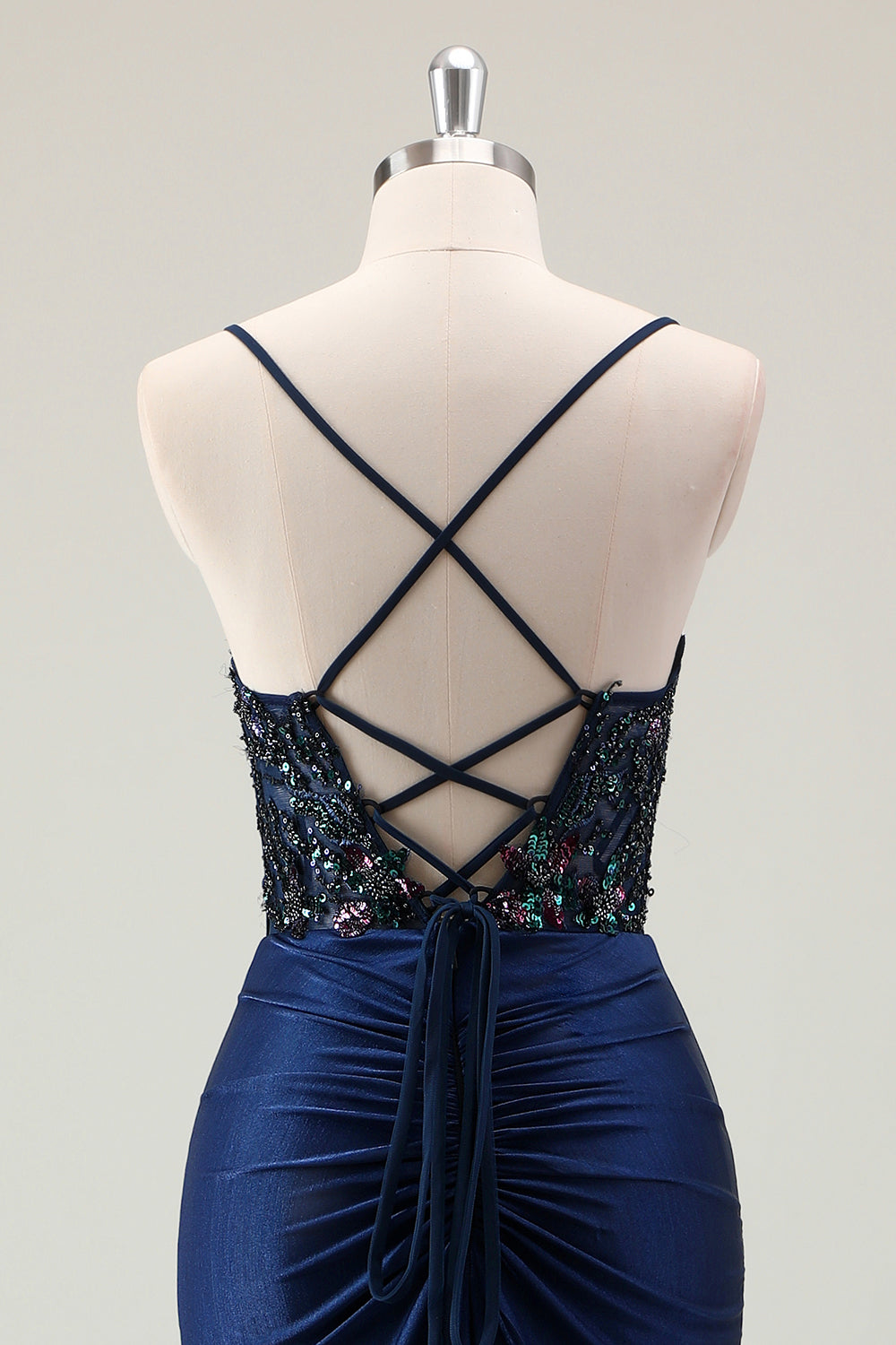 Mørk Navy Havfrue Glitrende Pailletter Spaghetti Stropper Gallakjole med slids