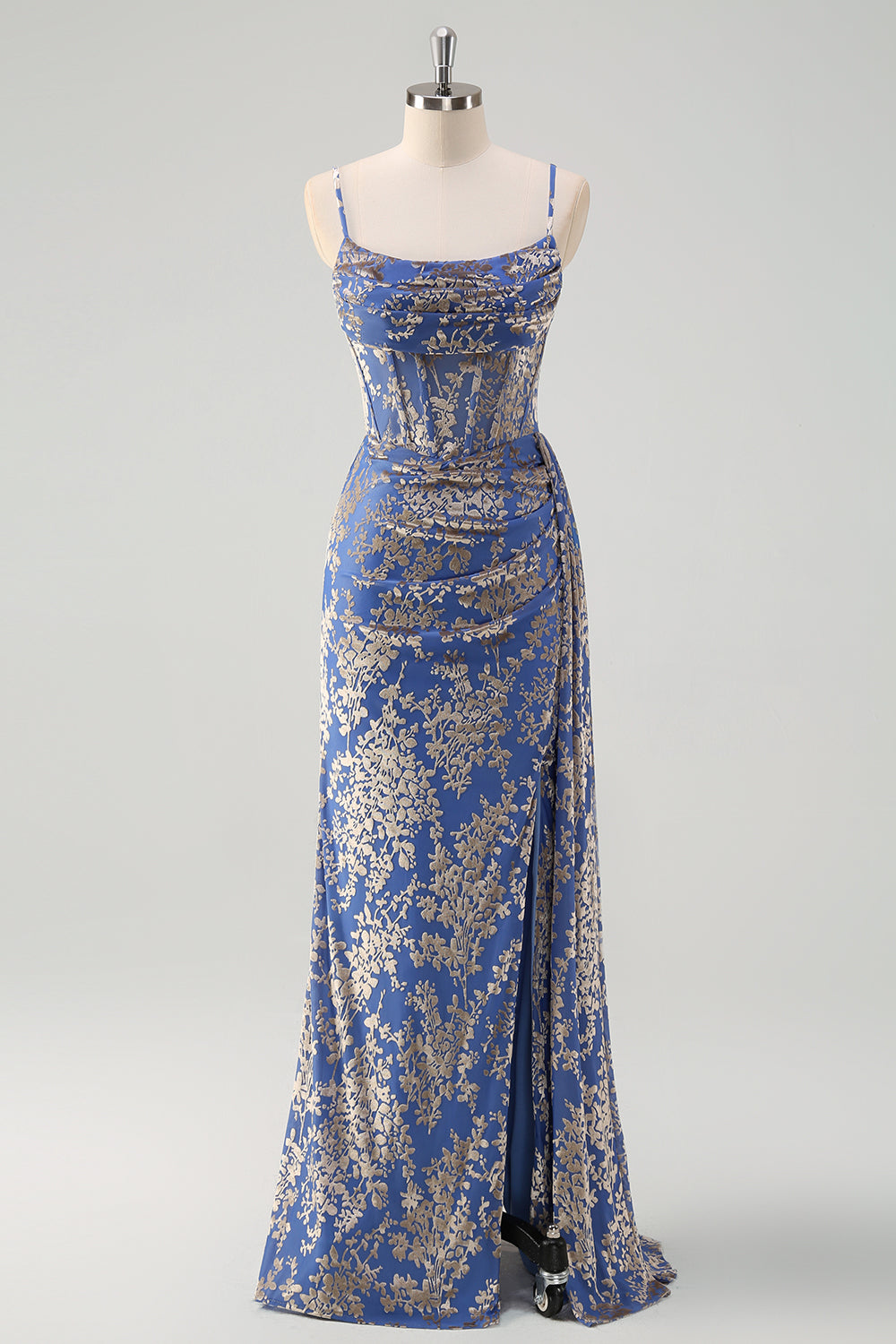 Blå Burnout blomster havfrue Spaghetti stropper korset brudepige kjole med slids