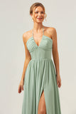 Dusty Sage Halter Korset Ruffled Lang brudepigekjole med slids