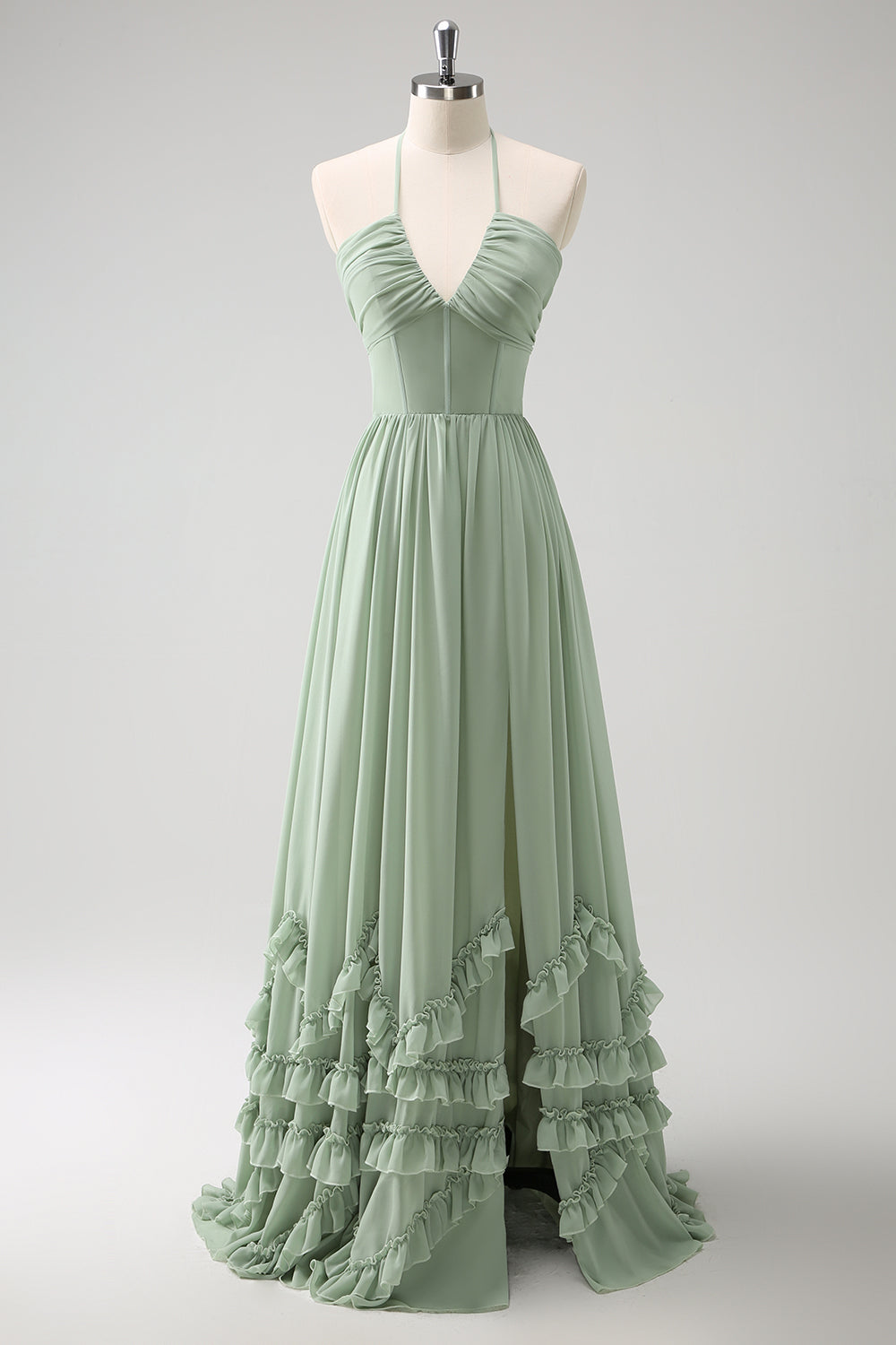 Dusty Sage Halter Ruffled brudepige kjole med slids