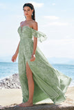 Dusty Sage A-linje Off Shoulder Print Lang brudepige kjole med slids