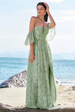Dusty Sage A-linje Off Shoulder Print Lang brudepige kjole med slids