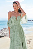 Dusty Sage A-linje Off Shoulder Print Lang brudepige kjole med slids