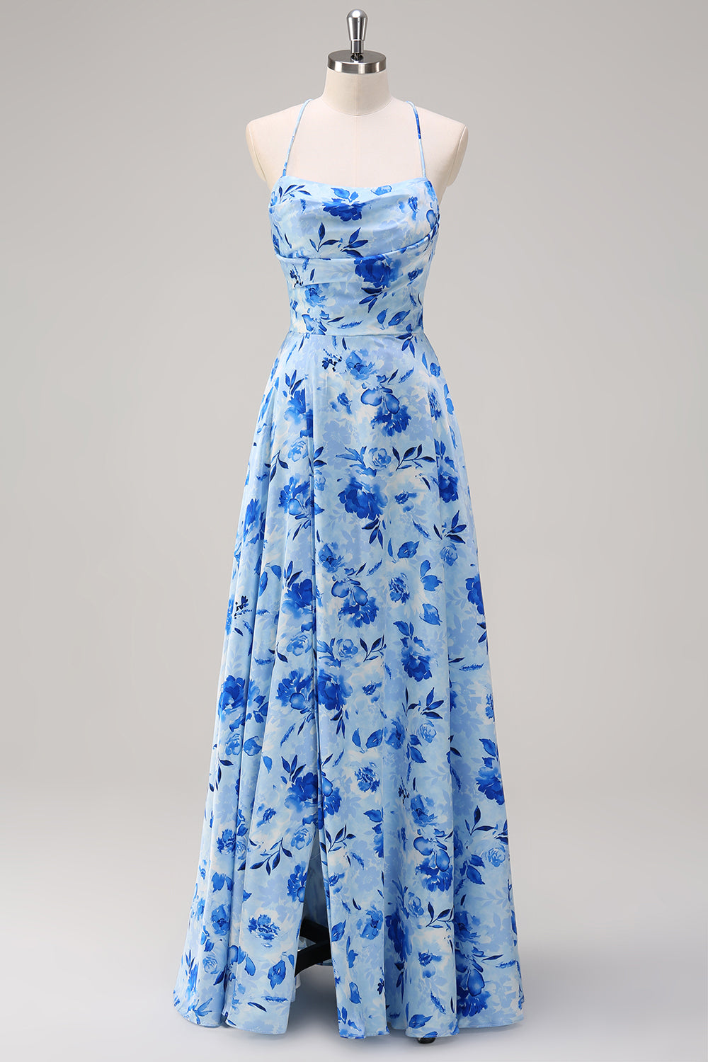 Blå A-linje blomster Spaghetti stropper Lang brudepigekjole med slids