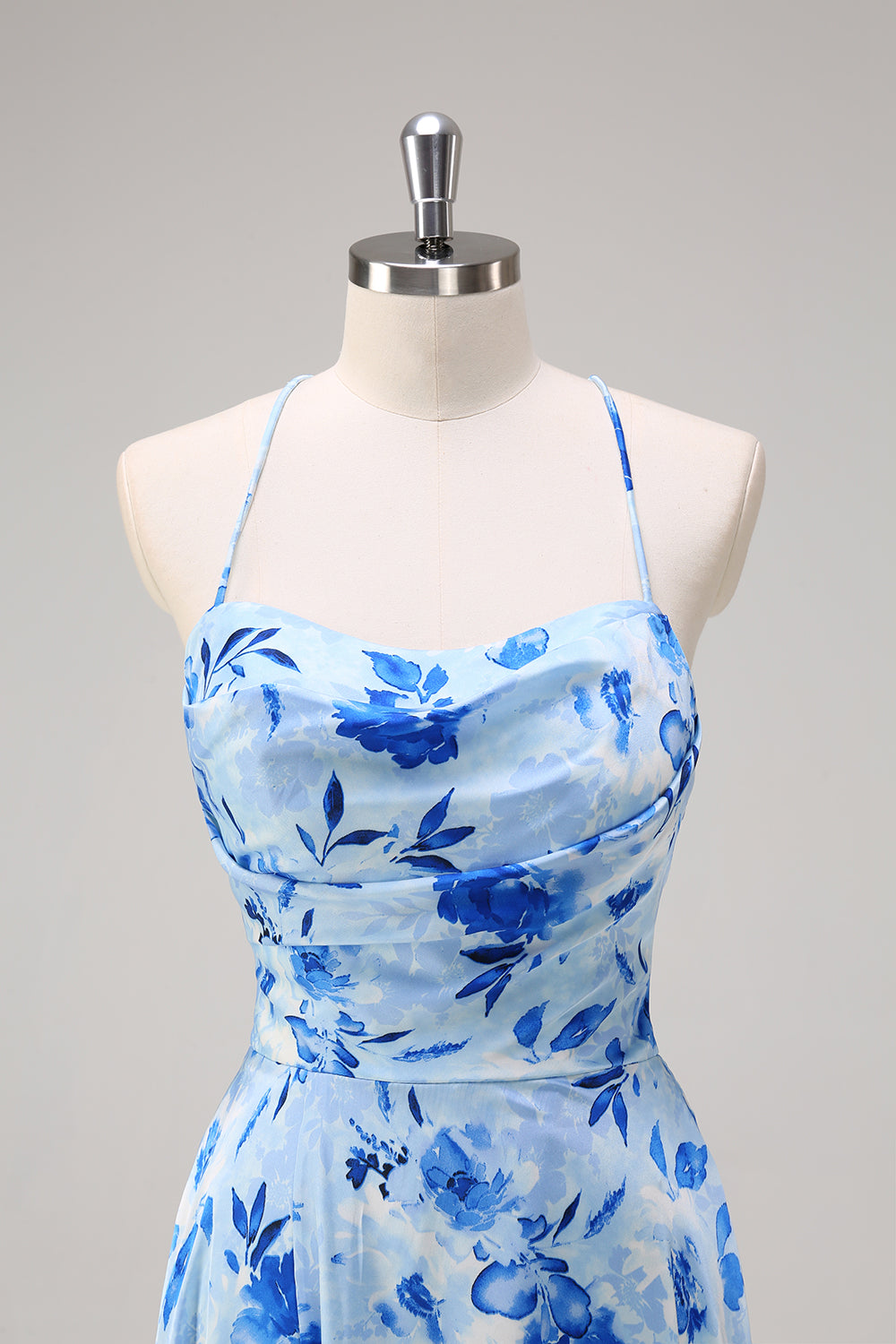 Blå A-linje blomster Spaghetti stropper Lang brudepigekjole med slids