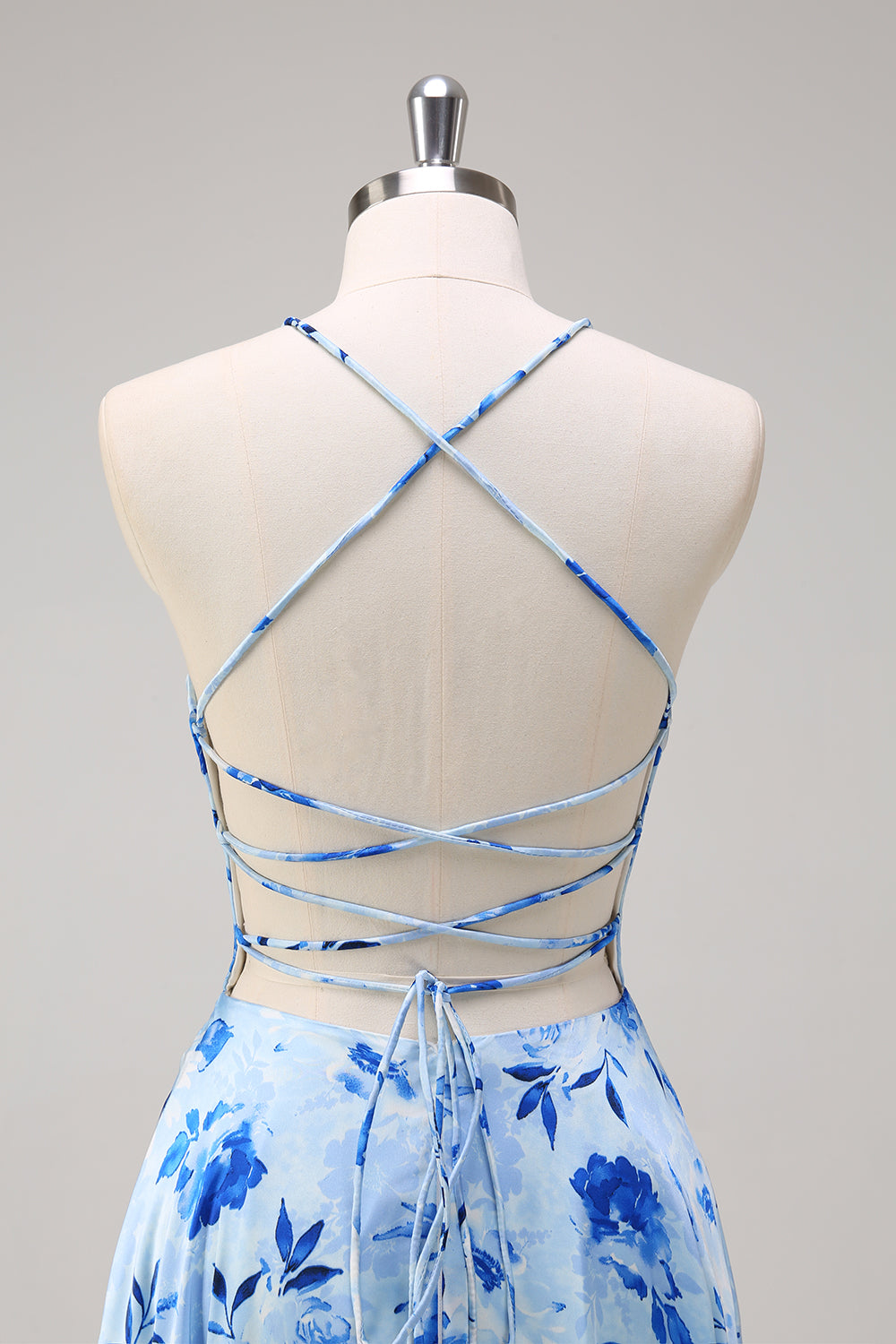 Blå A-linje blomster Spaghetti stropper Lang brudepigekjole med slids