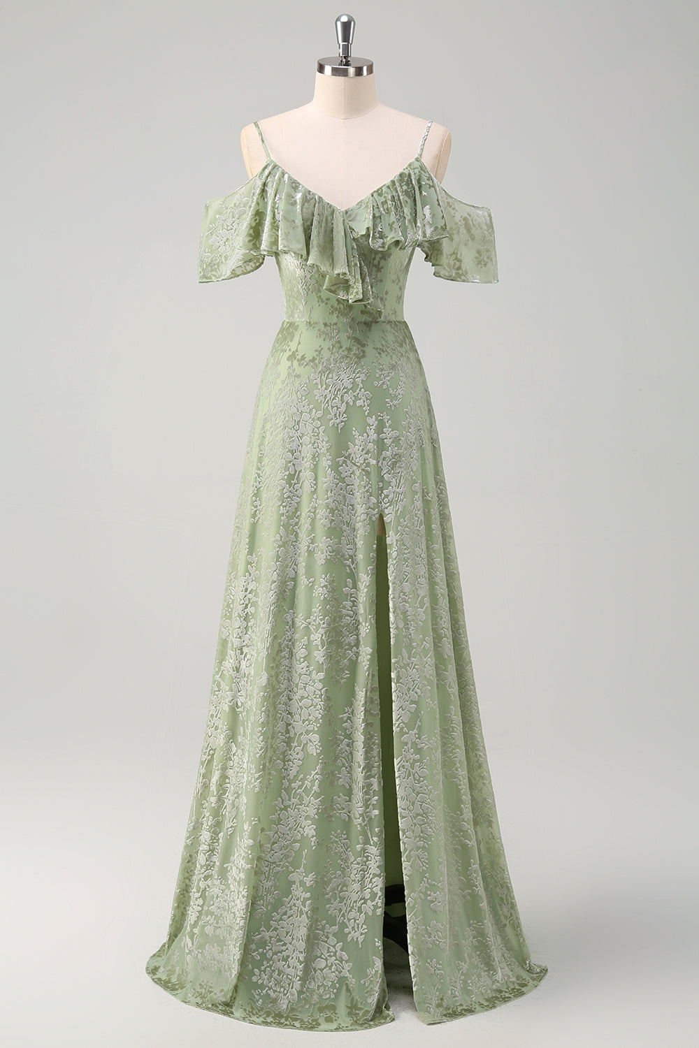 Dusty Sage A Line fløjl trykt lang brudepigekjole med slids