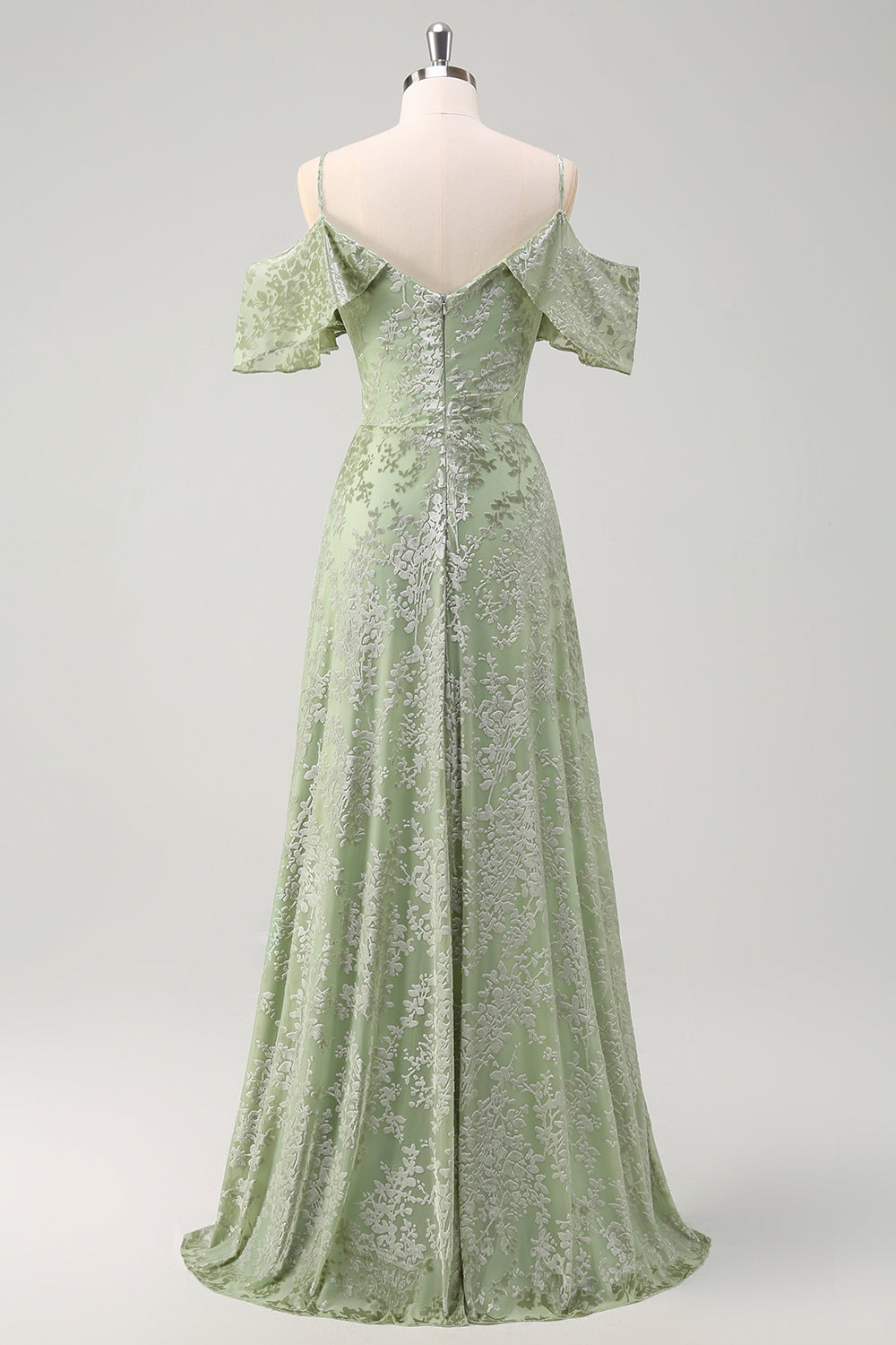 Dusty Sage A Line fløjl trykt lang brudepigekjole med slids