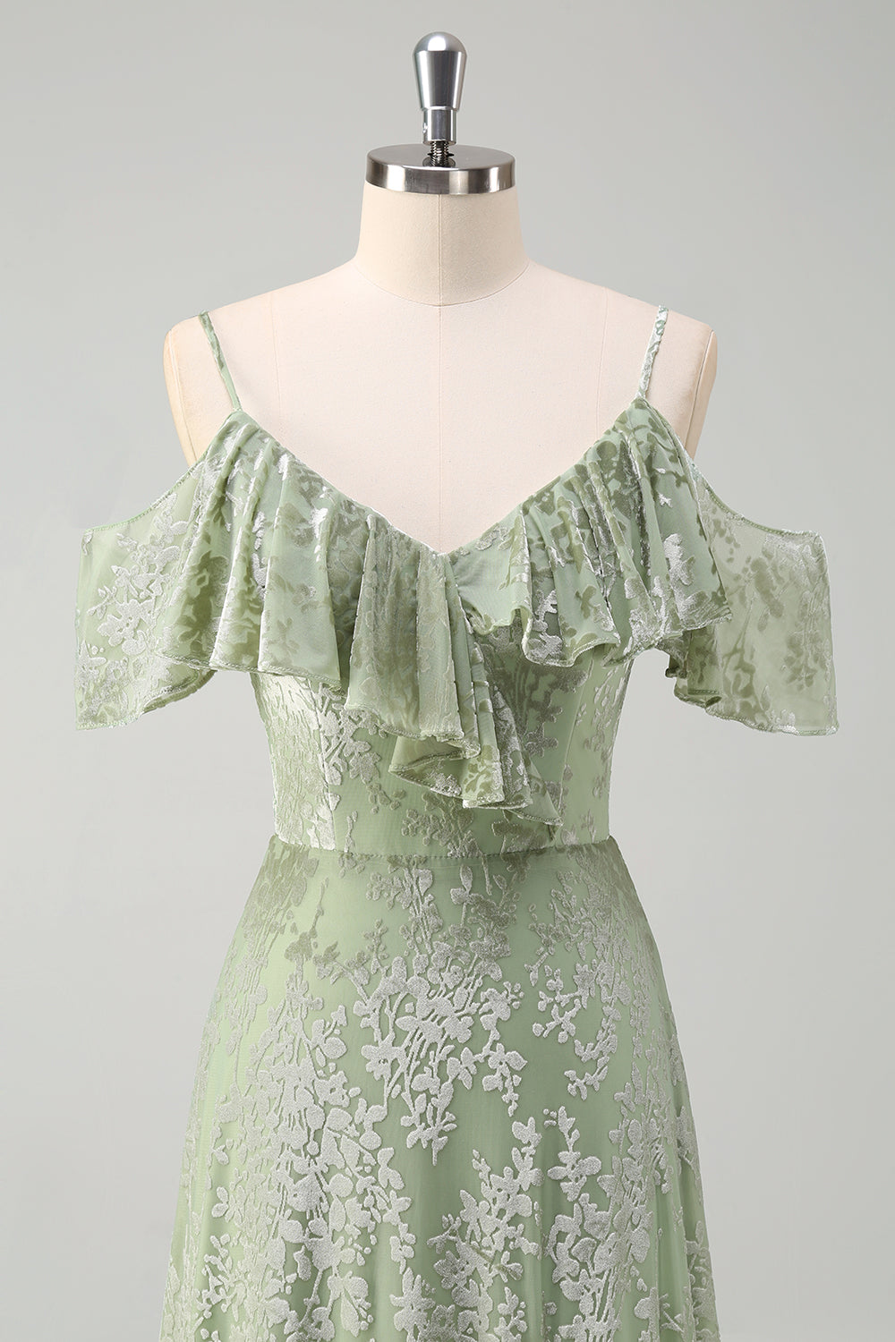 Dusty Sage A Line fløjl trykt lang brudepigekjole med slids