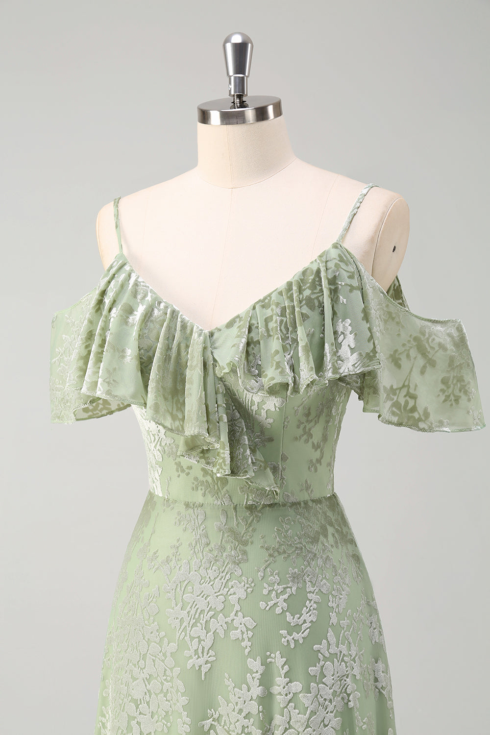 Dusty Sage A Line fløjl trykt lang brudepigekjole med slids