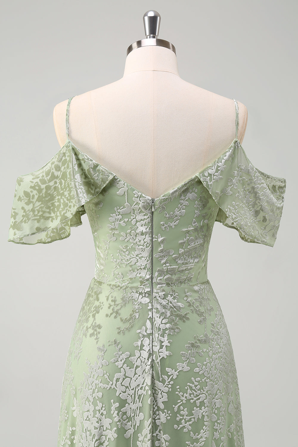 Dusty Sage A Line fløjl trykt lang brudepigekjole med slids