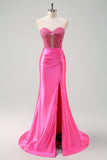 Fuchsia Sweetheart Havfrue Satin Lang Korset Gallakjole med Applikeret