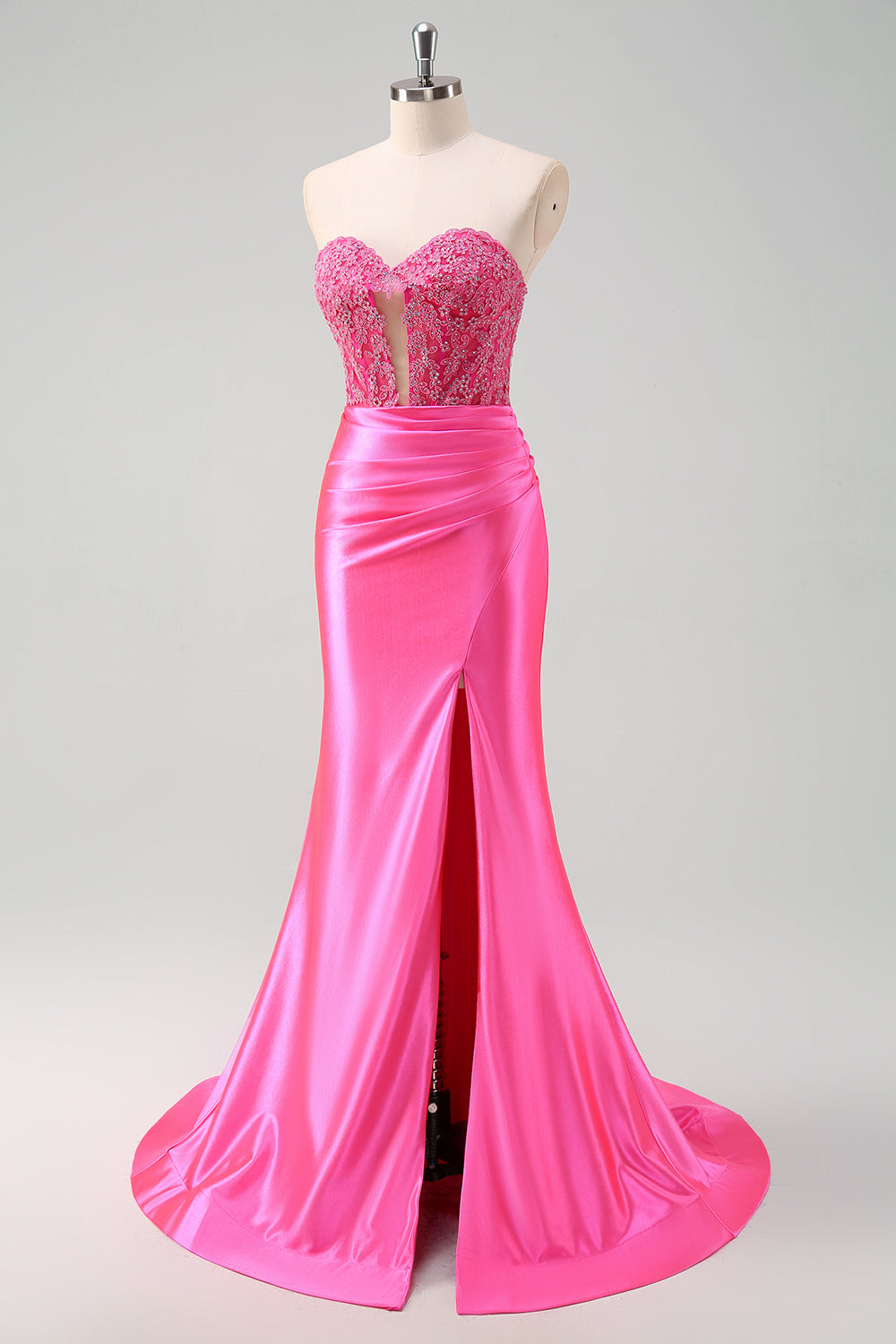 Fuchsia Sweetheart Havfrue Satin Lang Korset Gallakjole med Applikeret