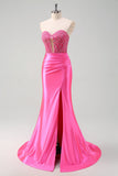 Fuchsia Sweetheart Havfrue Satin Lang Korset Gallakjole med Applikeret