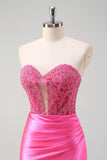 Fuchsia Sweetheart Havfrue Satin Lang Korset Gallakjole med Applikeret