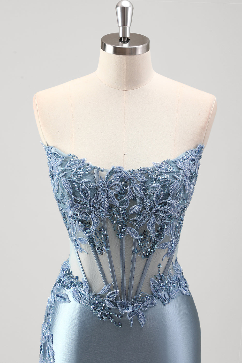 Glitrende grå blå havfrue beaded stropløs metallisk gallakjole med slids