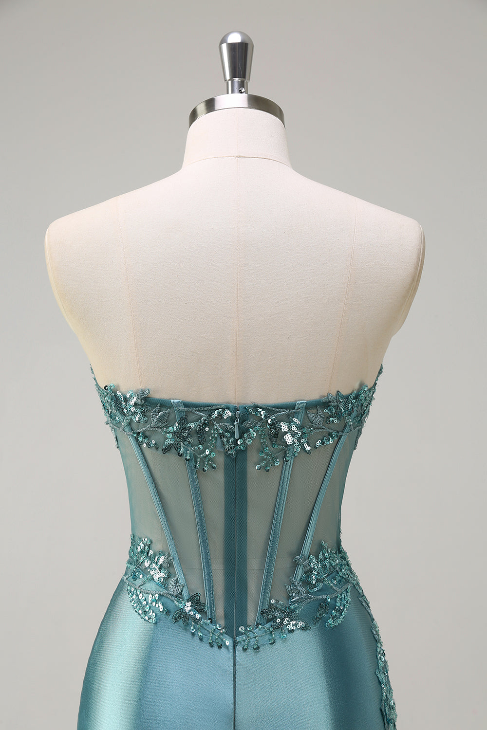 Glitrende grå grøn havfrue stropløs korset applikeret satin lang balkjole med slids