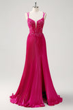 Fuchsia skede Spaghetti stropper plisseret lang korset gallakjole med applikationer