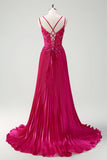 Fuchsia skede Spaghetti stropper plisseret lang korset gallakjole med applikationer