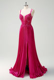 Fuchsia skede Spaghetti stropper plisseret lang korset gallakjole med applikationer