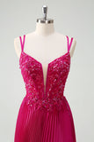 Fuchsia skede Spaghetti stropper plisseret lang korset gallakjole med applikationer