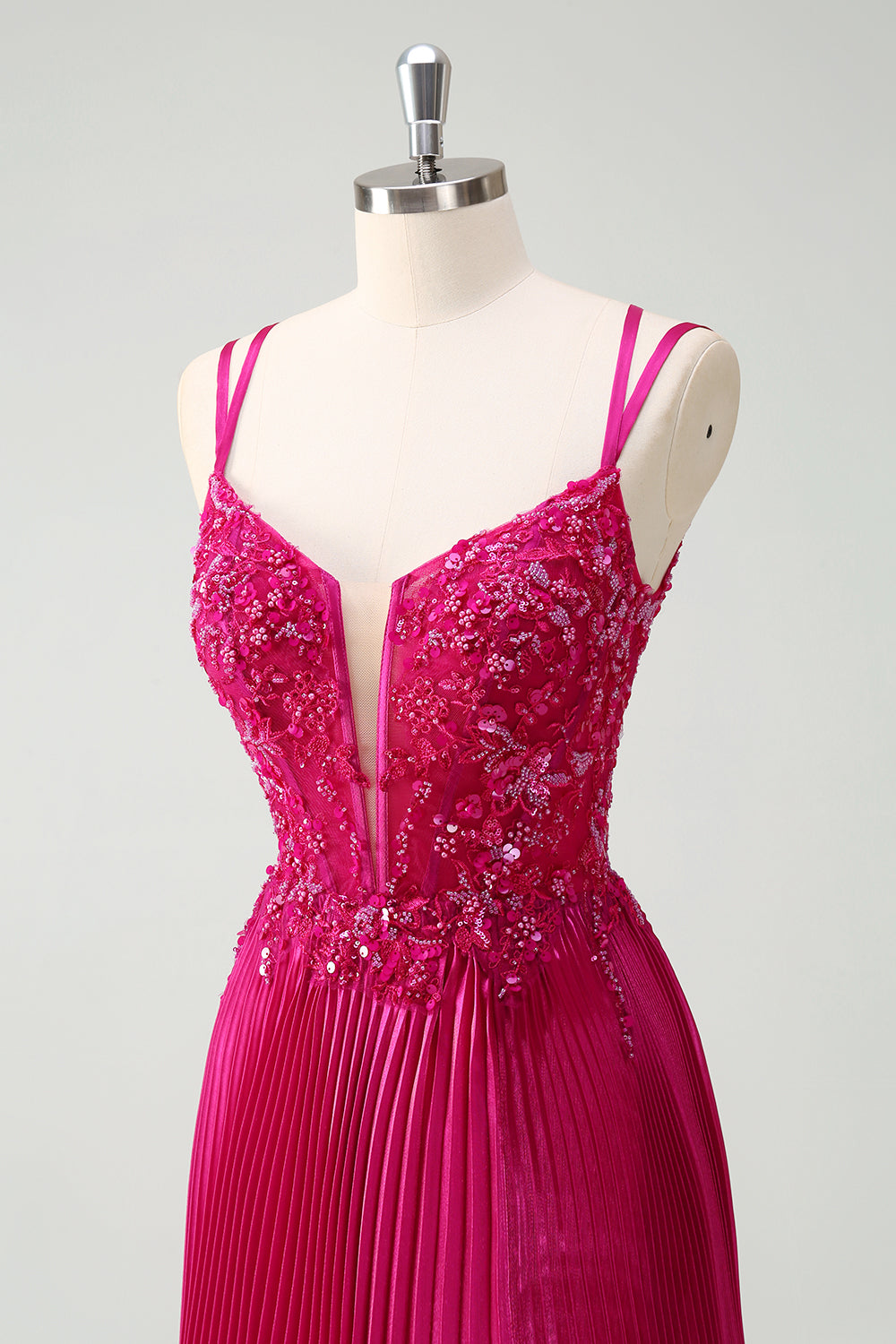 Fuchsia skede Spaghetti stropper plisseret lang korset gallakjole med applikationer