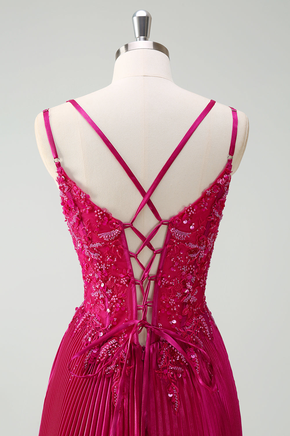 Fuchsia skede Spaghetti stropper plisseret lang korset gallakjole med applikationer