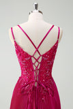 Fuchsia skede Spaghetti stropper plisseret lang korset gallakjole med applikationer