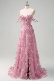Taro A-linje Off The Shoulder Korset Slids Lang Gallakjole Med 3D Blomster