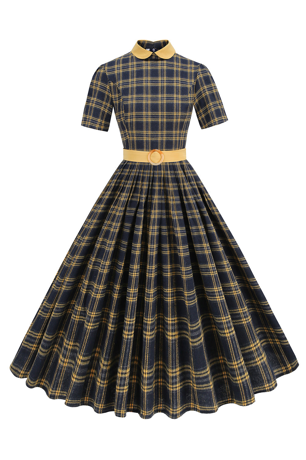 Sort Plaid A-linje Peter Pan Krave Midi 1950'er Kjole