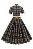 Sort Plaid A-linje Peter Pan Krave Midi 1950'er Kjole