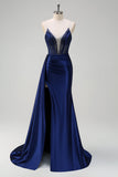 Navy Havfrue V-hals Watteau Train Korset Beaded Prom Kjole med Slids