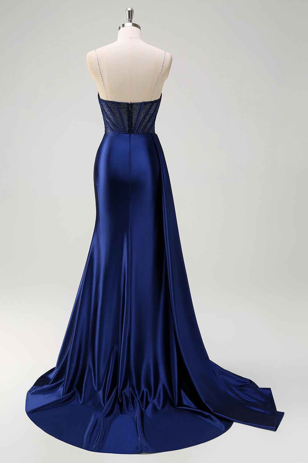 Navy Havfrue V-hals Watteau Train Korset Beaded Prom Kjole med Slids