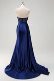 Navy Havfrue V-hals Watteau Train Korset Beaded Prom Kjole med Slids
