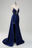Navy Havfrue V-hals Watteau Train Korset Beaded Prom Kjole med Slids