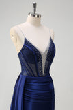 Navy Havfrue V-hals Watteau Train Korset Beaded Prom Kjole med Slids