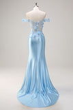 Himmelblå havfrue Off The Shoulder Korset Blomstret Lang Gallakjole med 3D Blomster