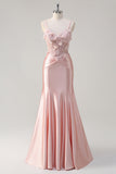 Glitrende Pink Havfrue Spaghetti Stropper Korset Blomster Satin Lang Gallakjole